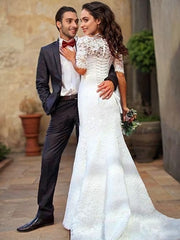 Wedding Dress Online, Trumpet/Mermaid Off-the-Shoulder Sweep Train Lace Wedding Dresses