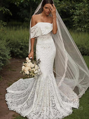 Wedding Dress Bridesmaids, Trumpet/Mermaid Off-the-Shoulder Sweep Train Lace Wedding Dresses