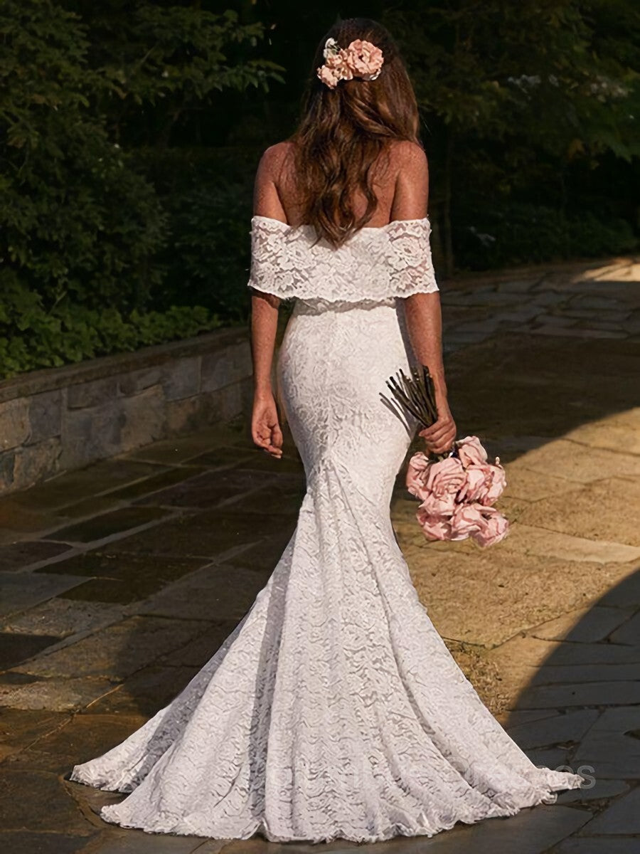 Weddings Dresses Bridesmaid, Trumpet/Mermaid Off-the-Shoulder Sweep Train Lace Wedding Dresses