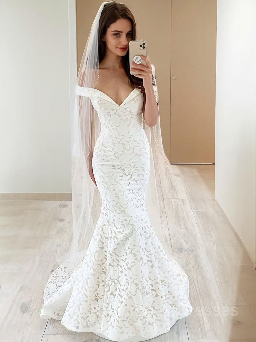Wedding Dress Modern, Trumpet/Mermaid Off-the-Shoulder Sweep Train Lace Wedding Dresses