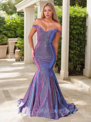 Bridesmaid Dress Outdoor Wedding, Trumpet/Mermaid Off-the-Shoulder Sweep Train Prom Dresses With Ruffles