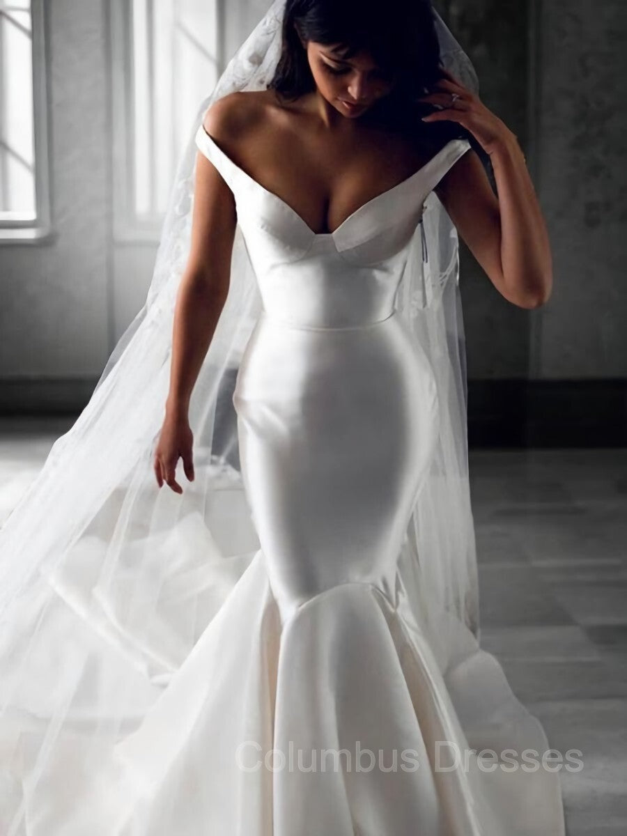 Wedding Dresses Color, Trumpet/Mermaid Off-the-Shoulder Sweep Train Satin Wedding Dresses