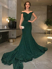 Party Dress Dresses, Trumpet/Mermaid Off-the-Shoulder Sweep Train Sequins Evening Dresses With Ruffles
