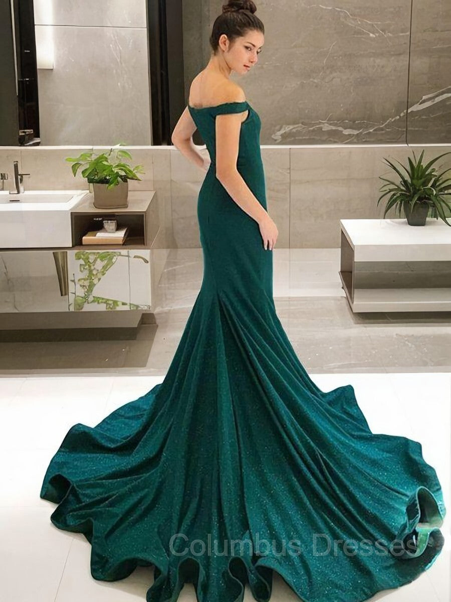 Party Dress Dress, Trumpet/Mermaid Off-the-Shoulder Sweep Train Sequins Evening Dresses With Ruffles