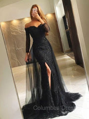 Party Dress Dress Up, Trumpet/Mermaid Off-the-Shoulder Sweep Train Tulle Evening Dresses With Leg Slit