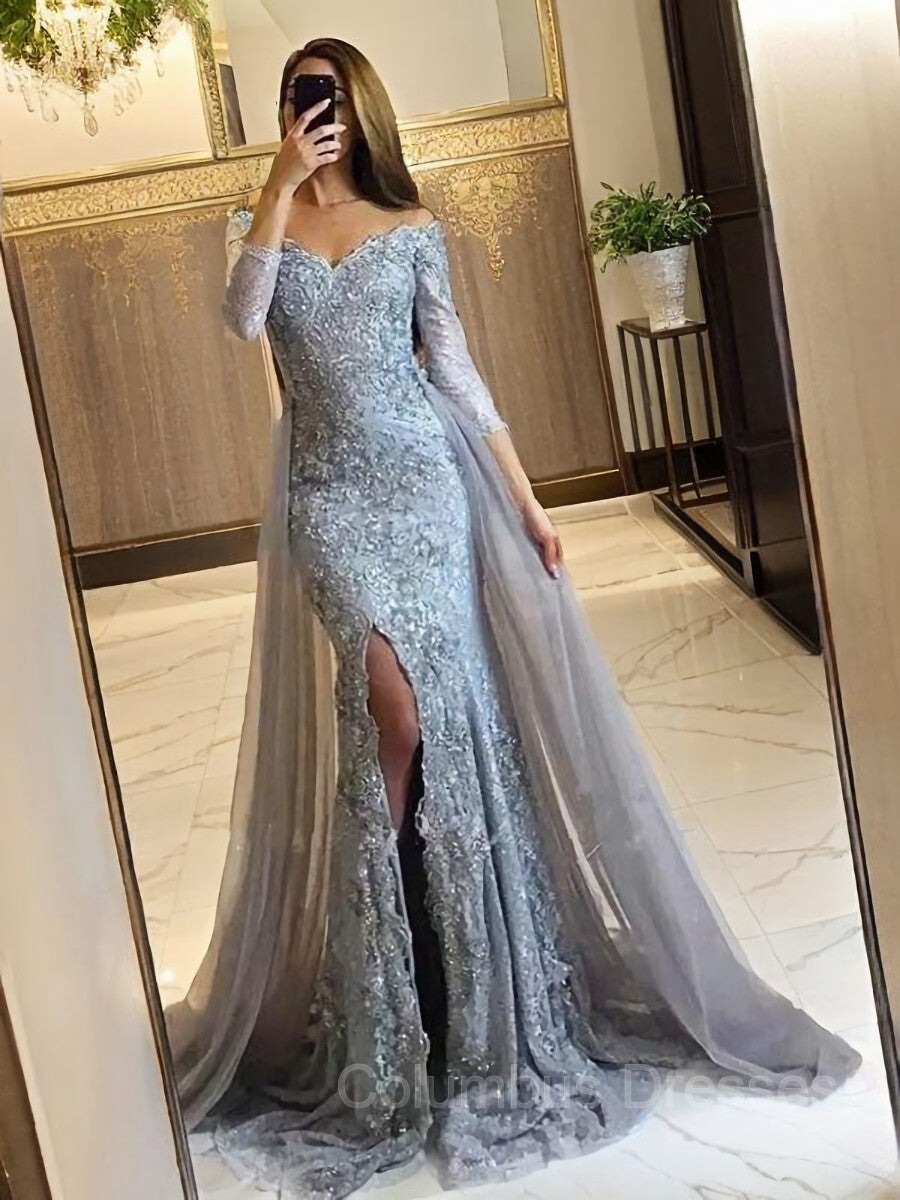 Party Dresses Store, Trumpet/Mermaid Off-the-Shoulder Sweep Train Tulle Evening Dresses With Leg Slit