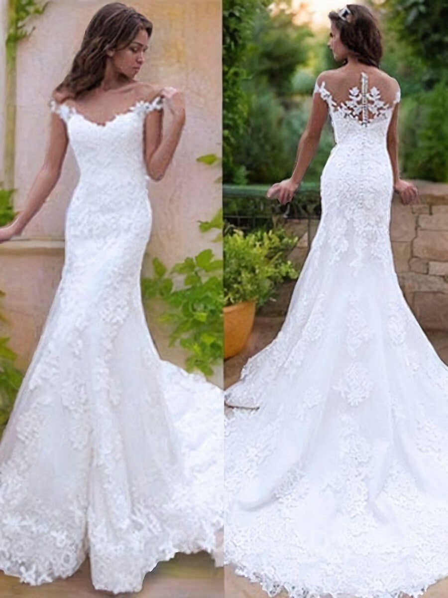 Wedding Dress With Sleeved, Trumpet/Mermaid Off-the-Shoulder Sweep Train Tulle Wedding Dresses
