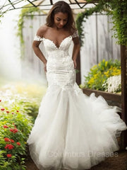 Wedding Dress Colors, Trumpet/Mermaid Off-the-Shoulder Sweep Train Tulle Wedding Dresses With Appliques Lace