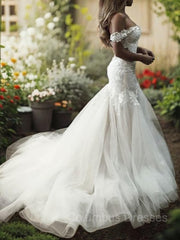 Wedding Dress Colored, Trumpet/Mermaid Off-the-Shoulder Sweep Train Tulle Wedding Dresses With Appliques Lace