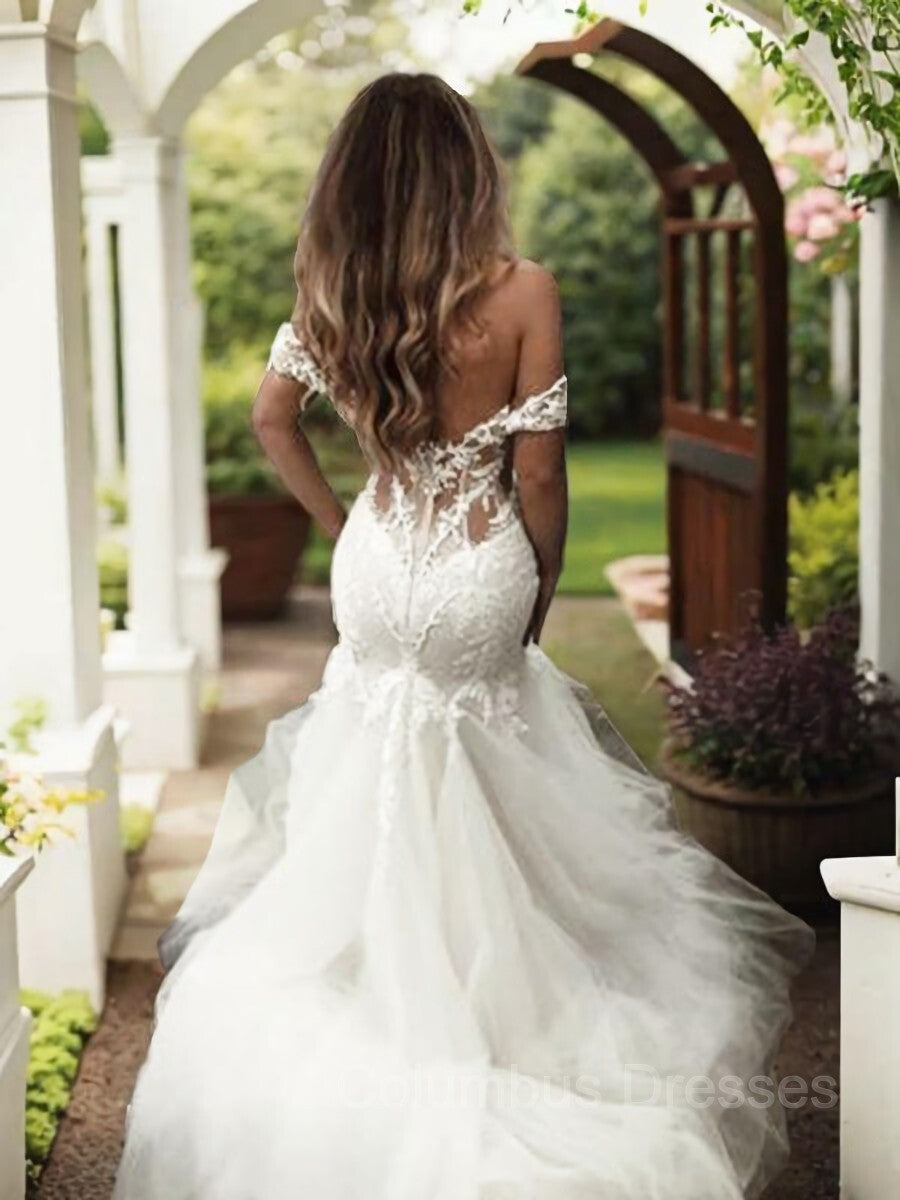 Wedding Dresses Colors, Trumpet/Mermaid Off-the-Shoulder Sweep Train Tulle Wedding Dresses With Appliques Lace
