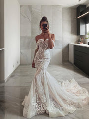 Wedding Dress Prices, Trumpet/Mermaid Off-the-Shoulder Sweep Train Tulle Wedding Dresses With Appliques Lace