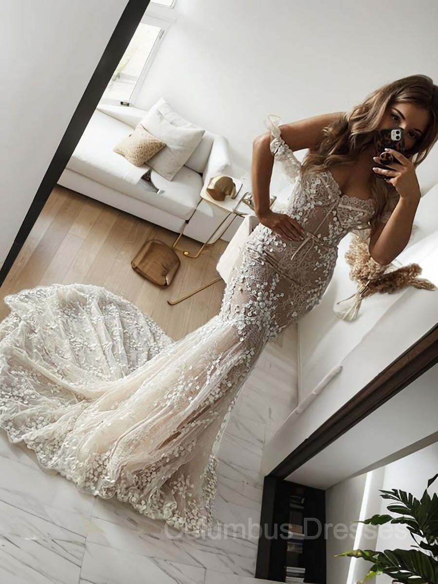 Wedding Dresses 2027, Trumpet/Mermaid Off-the-Shoulder Sweep Train Tulle Wedding Dresses With Appliques Lace