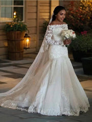 Wedding Dresses Modern, Trumpet/Mermaid Off-the-Shoulder Sweep Train Tulle Wedding Dresses With Appliques Lace
