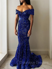 Formal Dress For Ladies, Trumpet/Mermaid Off-the-Shoulder Sweep Train Velvet Sequins Evening Dresses