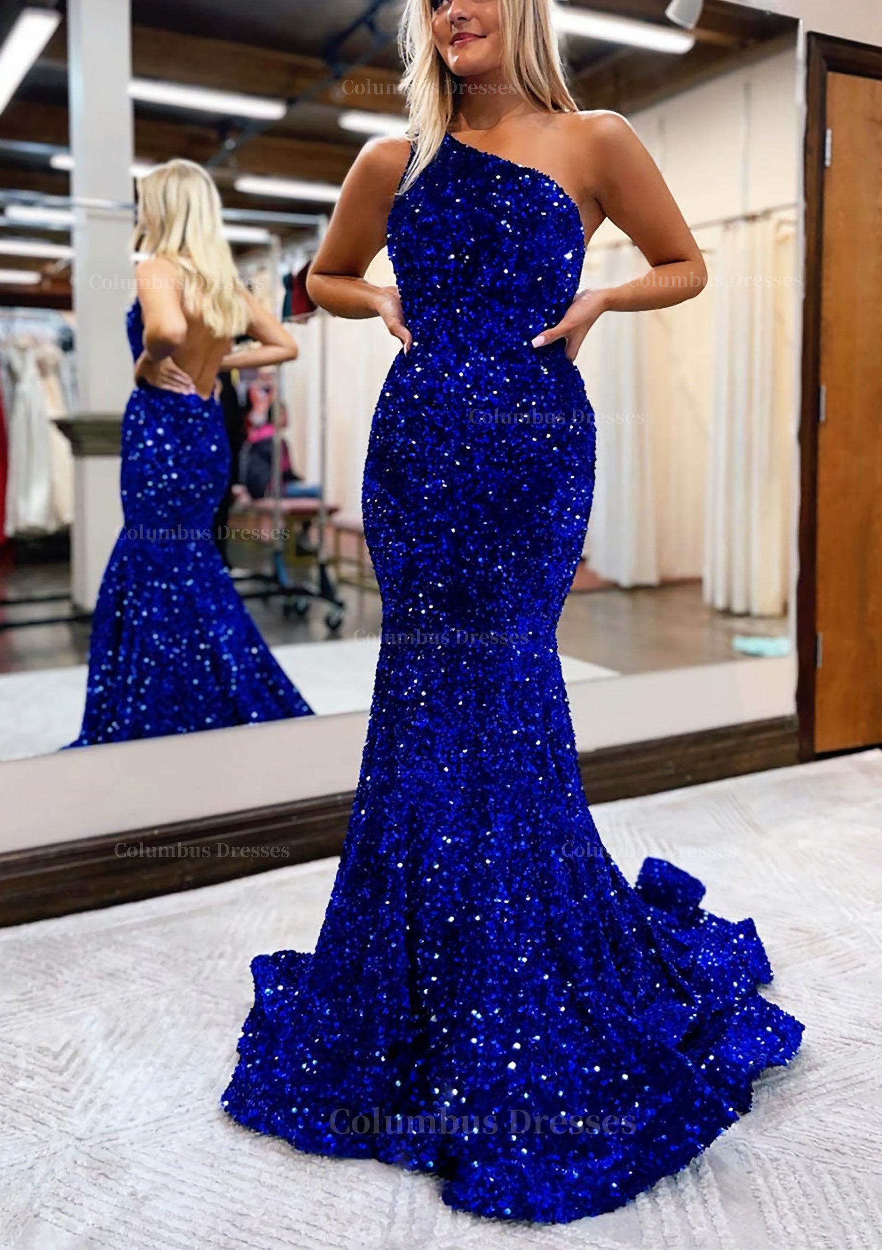 Evening Dress Lace, Trumpet/Mermaid One-Shoulder Sleeveless Long/Floor-Length Velvet Sequins Prom Dress