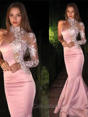 Flowy Dress, Trumpet/Mermaid One-Shoulder Sweep Train Elastic Woven Satin Prom Dresses With Appliques Lace
