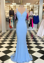 Prom Dress Long Open Back, Trumpet/Mermaid Scalloped Neck Sleeveless Sweep Train Elastic Satin Prom Dress With Appliqued
