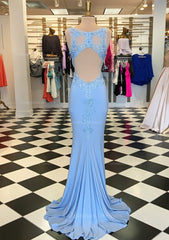 Prom Dresses Photos Gallery, Trumpet/Mermaid Scalloped Neck Sleeveless Sweep Train Elastic Satin Prom Dress With Appliqued