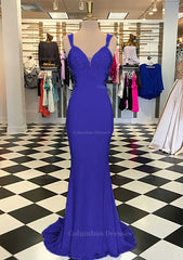 Prom Dress And Boots, Trumpet/Mermaid Scalloped Neck Sleeveless Sweep Train Elastic Satin Prom Dress With Appliqued