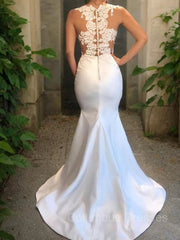 Wedding Dress Accessories, Trumpet/Mermaid Scoop Court Train Satin Wedding Dresses With Appliques Lace