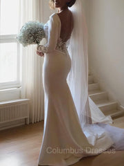 Wedding Dresses Long Sleeve, Trumpet/Mermaid Scoop Court Train Stretch Crepe Wedding Dresses With Leg Slit