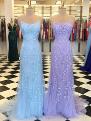 Party Dress New, Trumpet/Mermaid Scoop Neck Sleeveless Sweep Train Lace Prom Dress With Crystal
