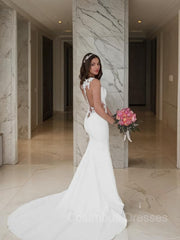 Wedding Dress Cheaper, Trumpet/Mermaid Scoop Sweep Train Stretch Crepe Wedding Dresses With Appliques Lace