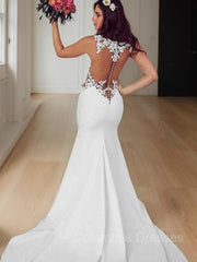 Wedding Dress Cheap, Trumpet/Mermaid Scoop Sweep Train Stretch Crepe Wedding Dresses With Appliques Lace