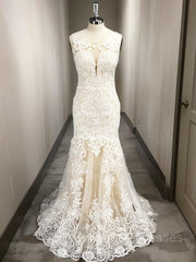 Wedding Dresse Lace, Trumpet/Mermaid Scoop Sweep Train Tulle Wedding Dresses With Appliques Lace