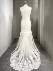 Weddings Dresses Lace, Trumpet/Mermaid Scoop Sweep Train Tulle Wedding Dresses With Appliques Lace