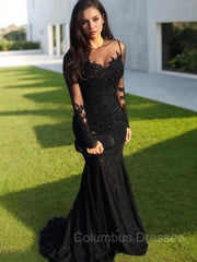 Party Dress Stores, Trumpet/Mermaid Sheer Neck Sweep Train Tulle Evening Dresses With Appliques Lace