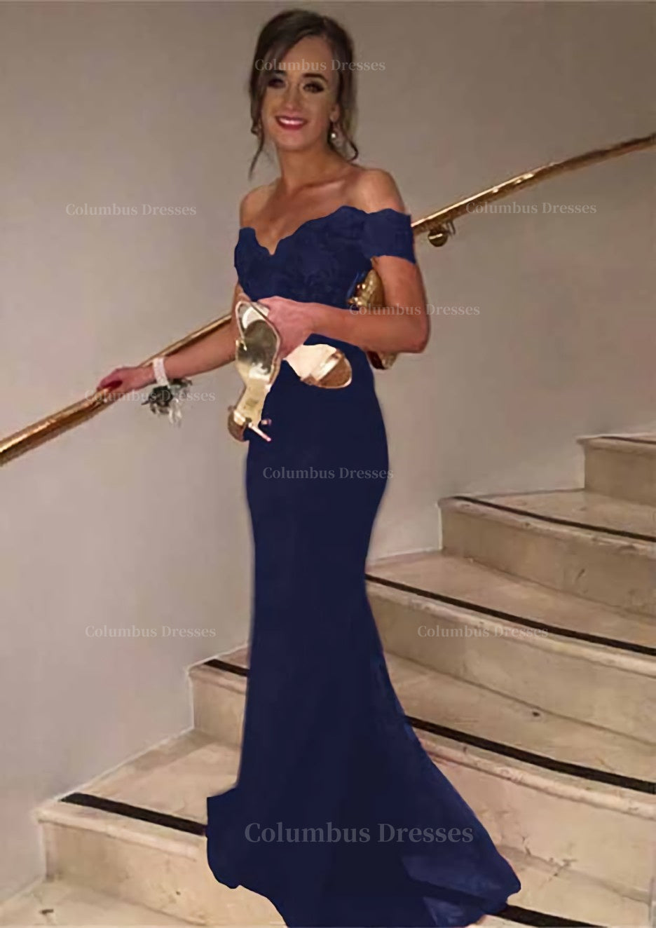 Prom Dresses Blue Lace, Trumpet/Mermaid Sleeveless Off-the-Shoulder Sweep Train Lace Prom Dress With Appliqued Beaded Sequins