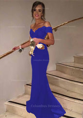 Prom Dress Blue Lace, Trumpet/Mermaid Sleeveless Off-the-Shoulder Sweep Train Lace Prom Dress With Appliqued Beaded Sequins