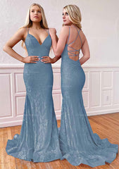 Bridesmaids Dresses Convertible, Trumpet/Mermaid Sleeveless Sweep Train Lace Prom Dress With Pleated