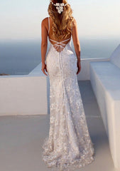Prom Dresses 2050, Trumpet/Mermaid Spaghetti Straps Court Train Lace Prom Dress