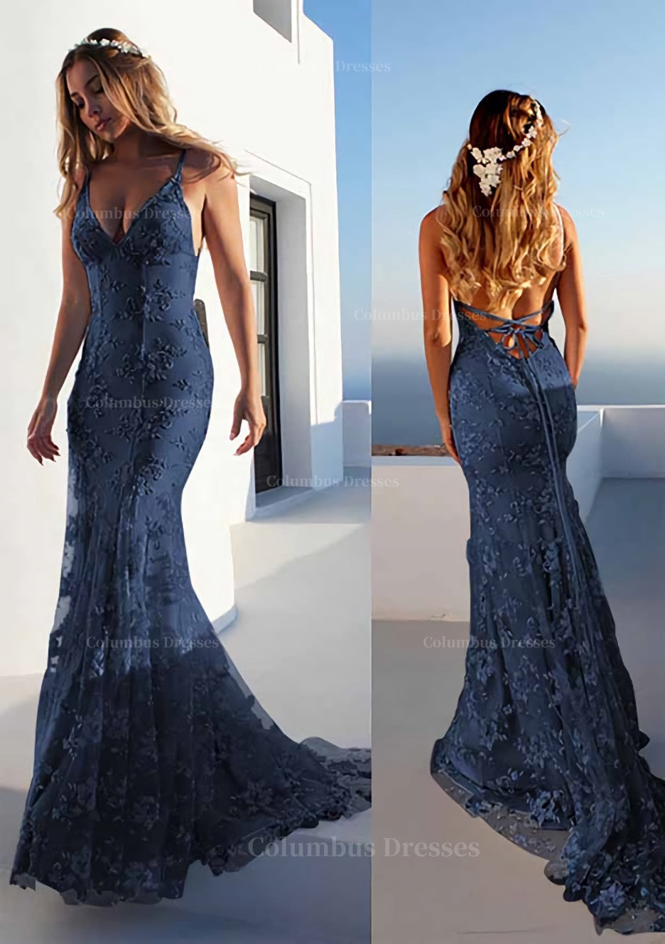 Prom Dress Long, Trumpet/Mermaid Spaghetti Straps Court Train Lace Prom Dress