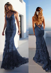 Prom Dress Long, Trumpet/Mermaid Spaghetti Straps Court Train Lace Prom Dress
