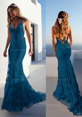 Prom Dresses Ball Gown, Trumpet/Mermaid Spaghetti Straps Court Train Lace Prom Dress