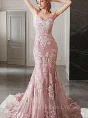 Party Dress Shops, Trumpet/Mermaid Spaghetti Straps Sweep Train Lace Evening Dresses With Appliques Lace