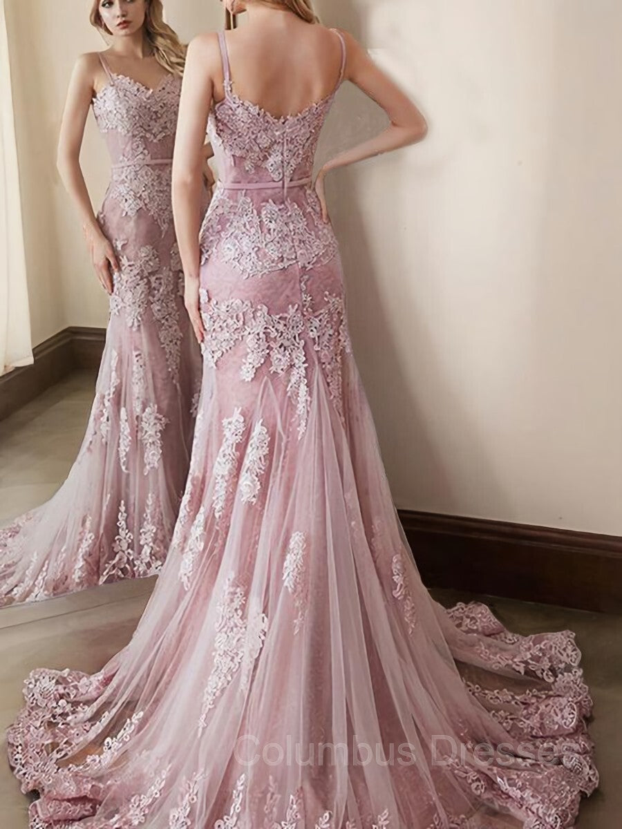 Party Dresses Shop, Trumpet/Mermaid Spaghetti Straps Sweep Train Lace Evening Dresses With Appliques Lace