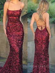 Party Dresses Formal, Trumpet/Mermaid Spaghetti Straps Sweep Train Sequins Evening Dresses
