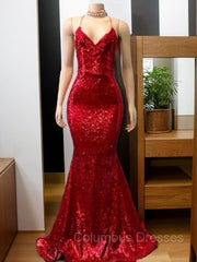 Bridesmaid Dress Uk, Trumpet/Mermaid Spaghetti Straps Sweep Train Sequins Prom Dresses