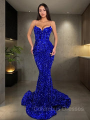 Prom Dresses2036, Trumpet/Mermaid Spaghetti Straps Sweep Train Velvet Sequins Evening Dresses