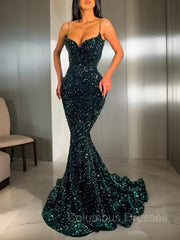 Prom Dresses 2043, Trumpet/Mermaid Spaghetti Straps Sweep Train Velvet Sequins Evening Dresses
