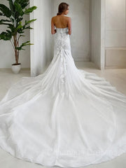 Wedding Dress Prices, Trumpet/Mermaid Strapless Cathedral Train Tulle Wedding Dresses With Appliques Lace