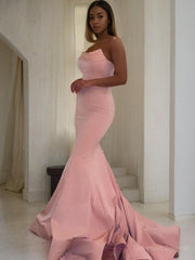 Evening Dress Italy, Trumpet/Mermaid Strapless Sweep Train Charmeuse Prom Dresses With Ruffles