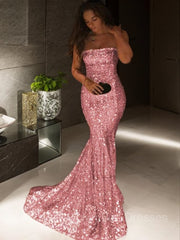 Formal Dress For Wedding Reception, Trumpet/Mermaid Strapless Sweep Train Sequins Prom Dresses