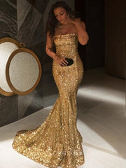 Formal Dresses For Wedding Guest, Trumpet/Mermaid Strapless Sweep Train Sequins Prom Dresses