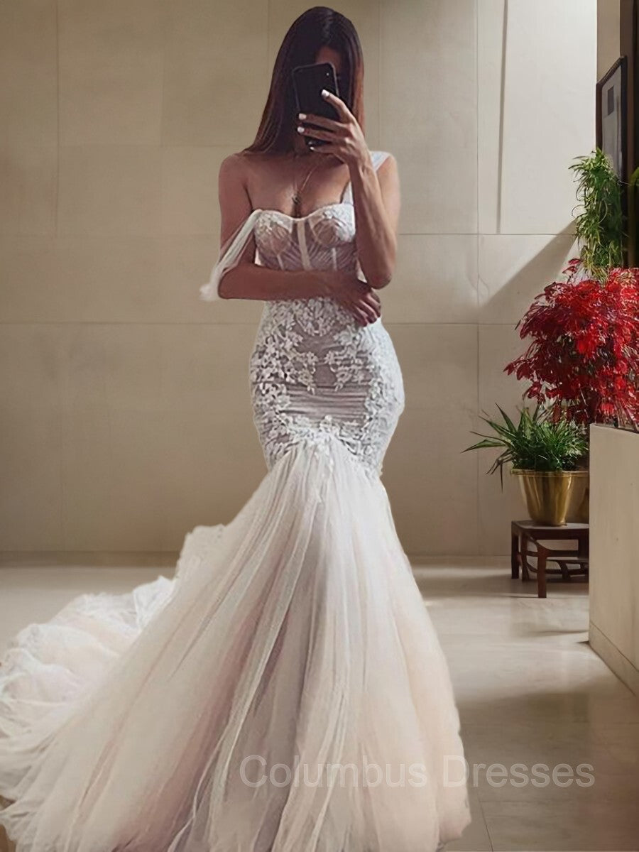 Wedding Dress Pricing, Trumpet/Mermaid Straps Cathedral Train Tulle Wedding Dresses With Appliques Lace