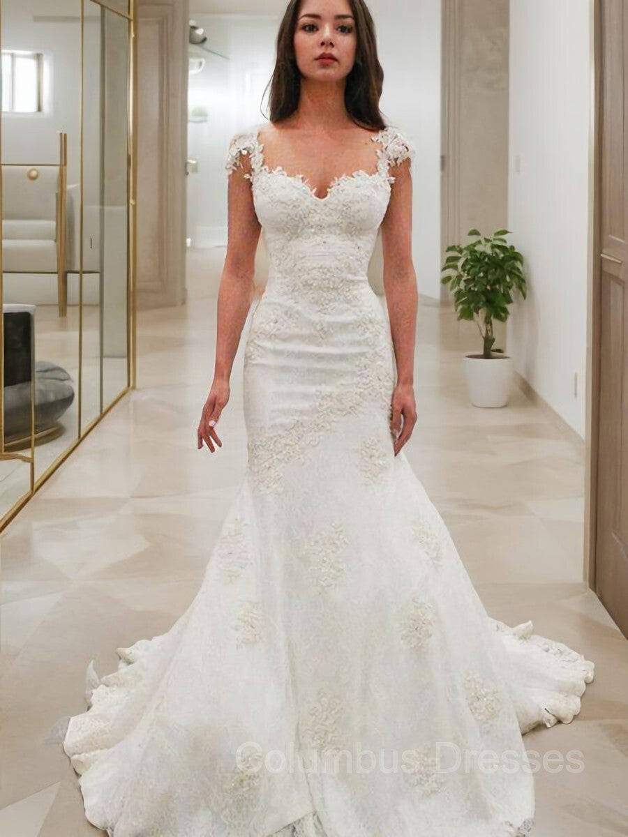 Wedding Dress Fall, Trumpet/Mermaid Sweetheart Chapel Train Lace Wedding Dresses With Appliques Lace